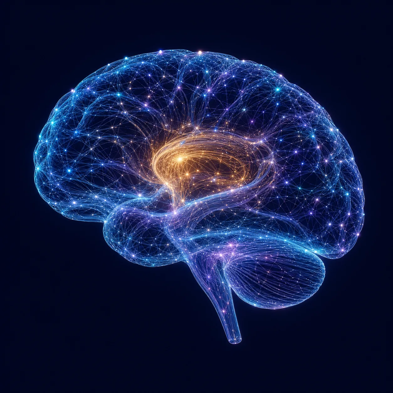 A luminous neural brain representing Anthony's work patterns